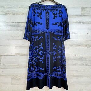 Donna Morgan Womens Blue Black Damask Scroll Print Boat Neck Sheath Dress Size M